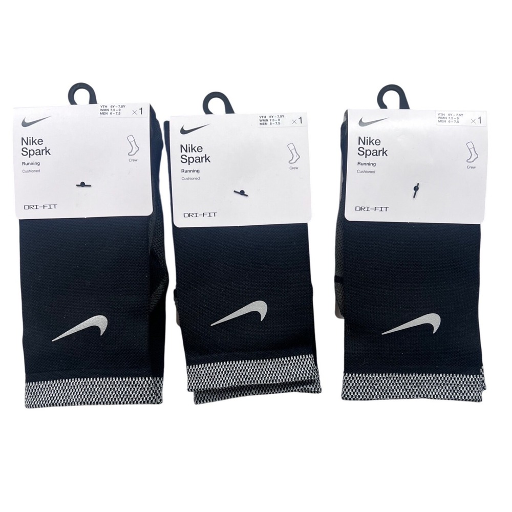 3 Pair Nike Spark Running Crew Socks Black Reflective Cushioned M 6-7.5‎ W 7.5-9
